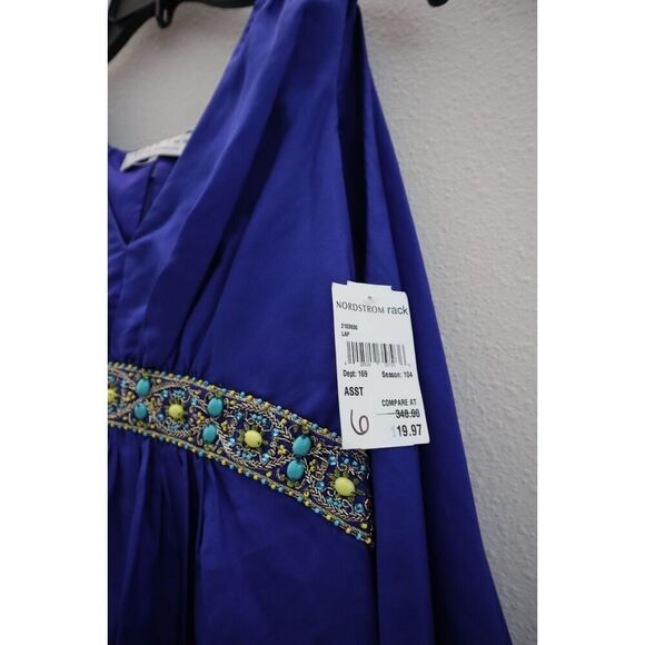Trina Turk 2103630 Women Sz 6 Lapis Blue Embellished Romani Cape Silk Dress - Picture 5 of 14